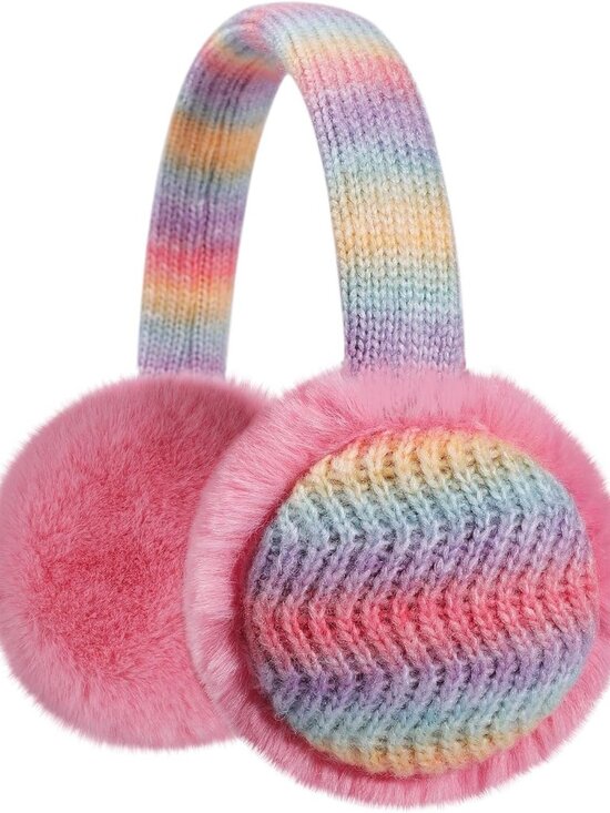 ⚡Kid Rainbow Pink Knitted Rainbow Winter Outdoor Plush Adjustable Warm Ear Muffs - Picture 1 of 7